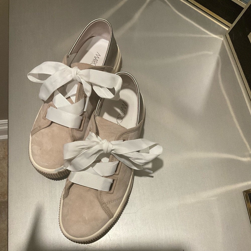 Marc Cain Blush Suede Sneakers with White Ribbon Laces